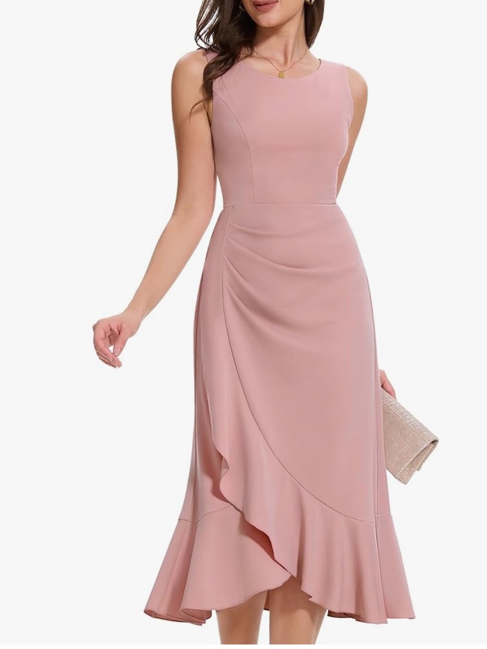 New Sleeveless Ruffle Midi Dress in Dusty Pink with Rouched waist